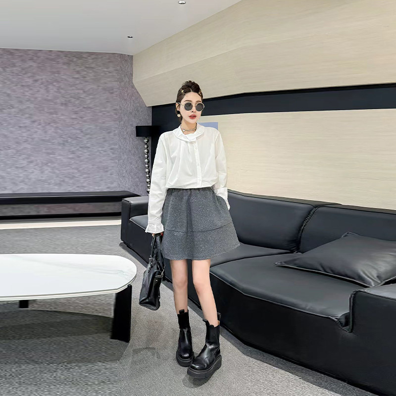 微喇袖口斜襟衬衫松紧腰短裙