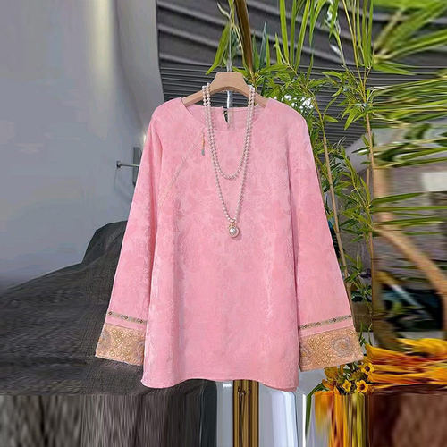 胖妹妹拼色袖口暗花斜襟上衣