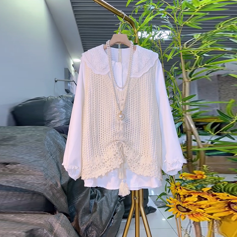 V领前抽绳勾花马甲长袖衬衫