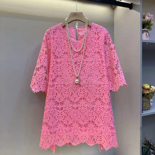 大码女装圆领短袖蕾丝衫