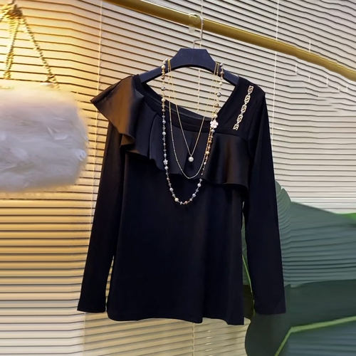 荷叶边一侧肩链条长袖上衣