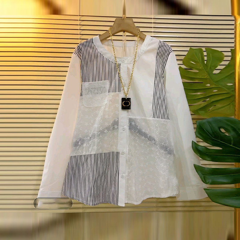 加肥女圆领拼色条长袖上衣胖妹妹宽松遮肚子百搭简约韩版休闲衬衫,女装/女士精品,大码内搭,淘宝优惠券,粉丝福利购,淘宝优惠卷