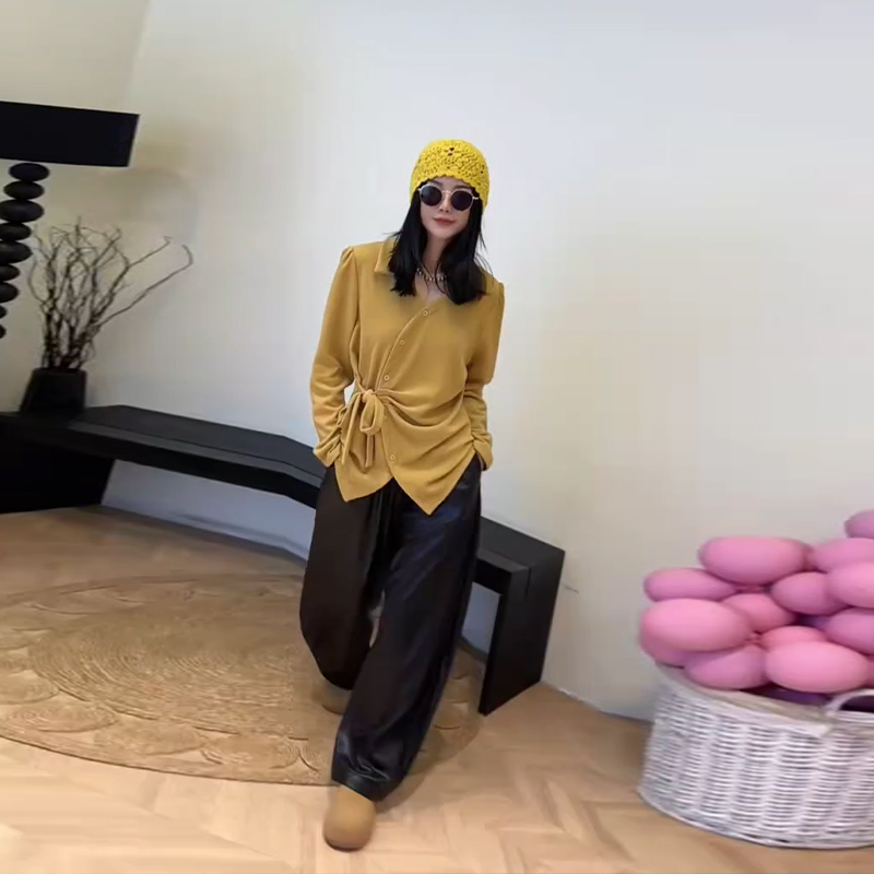 大码女装翻领侧系带长袖小衫