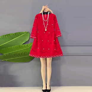 气质轻熟风显瘦裙子 中长款 加肥胖MM圆领钉珠边国风连衣裙大码 女装