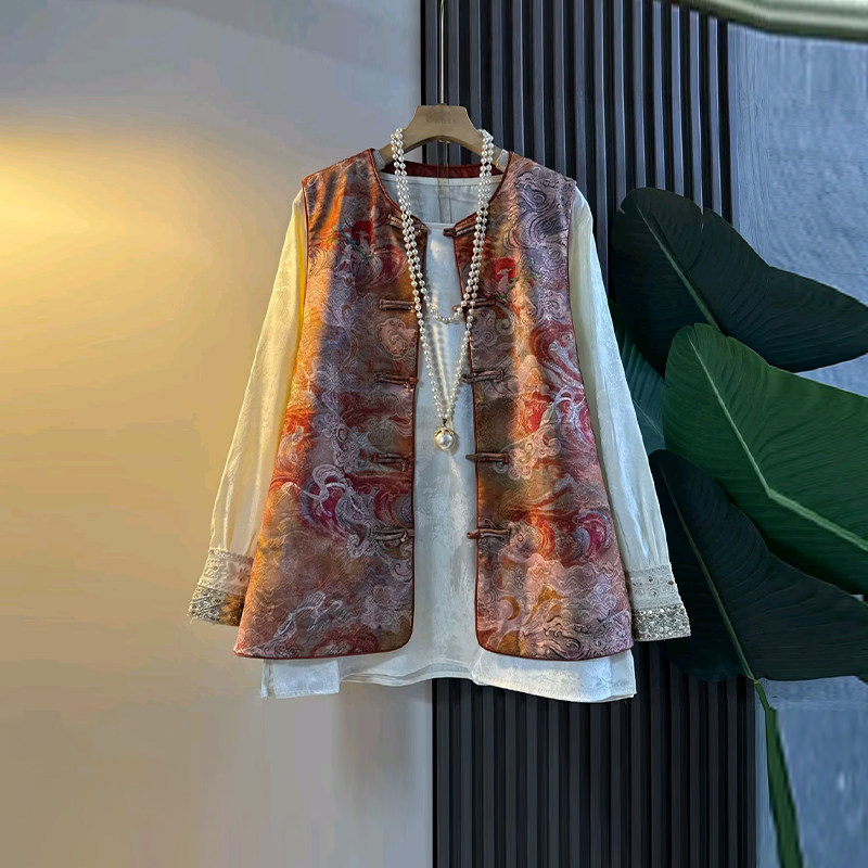 加肥拼色袖口小衫胖妹妹气质时尚减龄洋气复古风圆领盘扣花纹马甲,女装/女士精品,大码内搭,淘宝优惠券,粉丝福利购,淘宝优惠卷