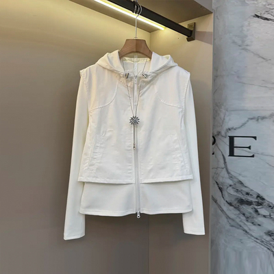 连帽拼接长袖假两件上衣