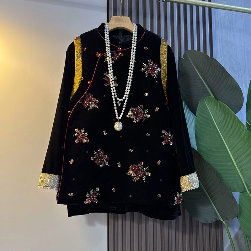 拼色袖口小衫重工亮片花国风马甲