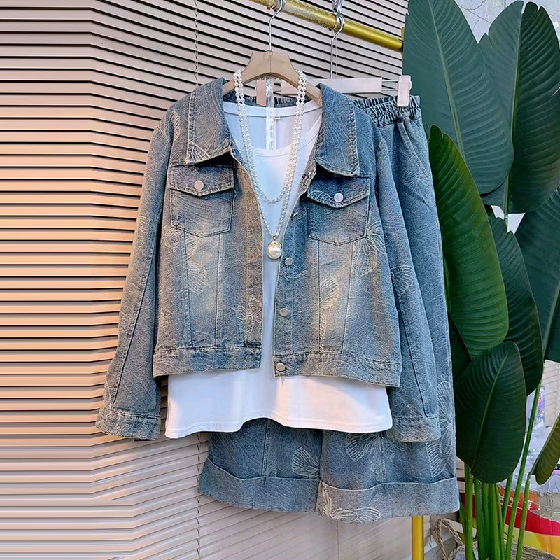 加大码女装翻领长袖花朵上衣阔腿长裤胖妹妹欧洲站气质牛仔两件套