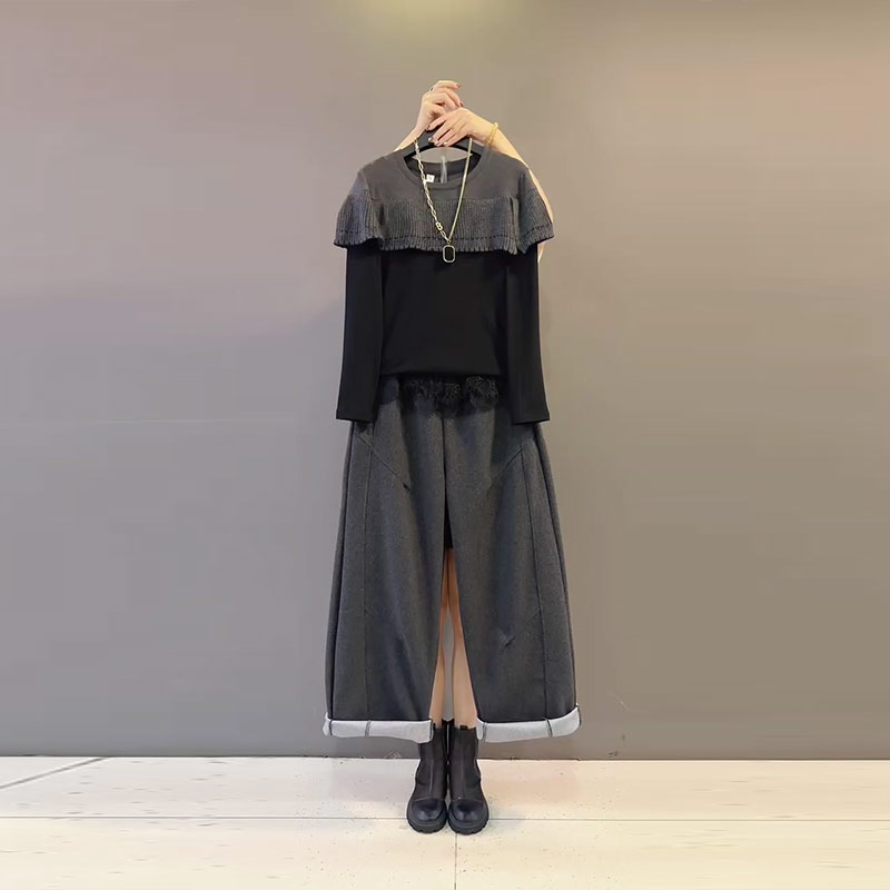 松紧腰阔腿裤子拼色肩长袖上衣