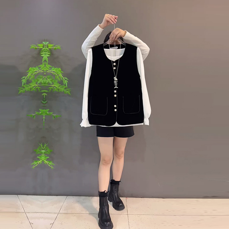 圆领纽扣丝绒马甲（两件套）小衫