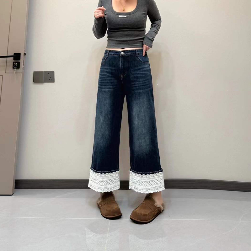 拼色蕾丝裤脚阔腿九分裤子