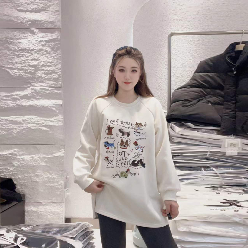 大码女装圆领长袖卡图案卫衣