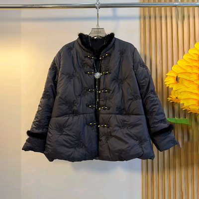 加肥毛毛立领盘扣长袖棉服