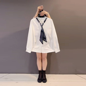 加肥女系带领长袖 百搭休闲上衣 简约宽松遮肚子时尚 衬衫 胖妹妹韩版