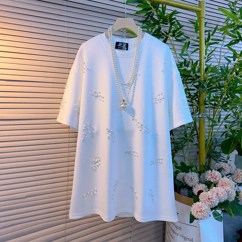 大码女装圆领短袖钉珠亮钻上衣