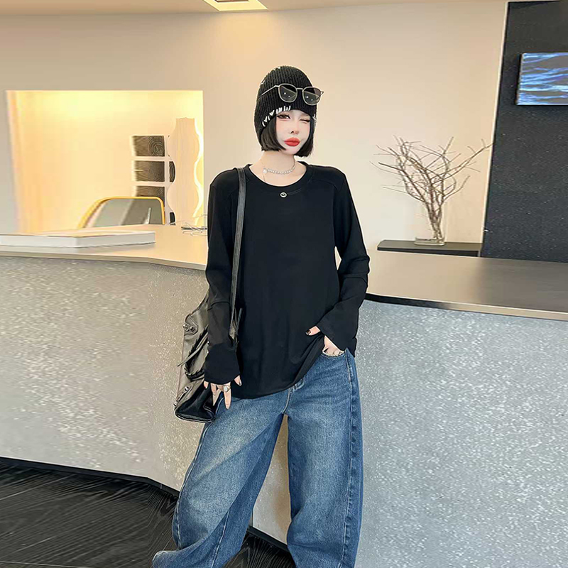 大码女装圆领长袖净版小衫