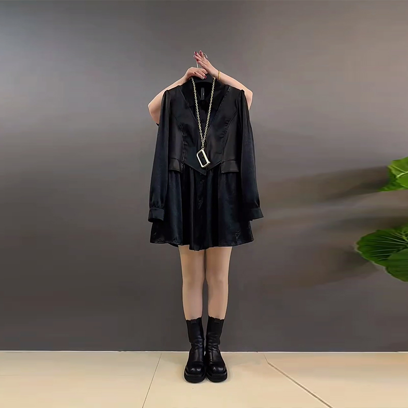 拼皮马甲假两件长袖上衣大衫