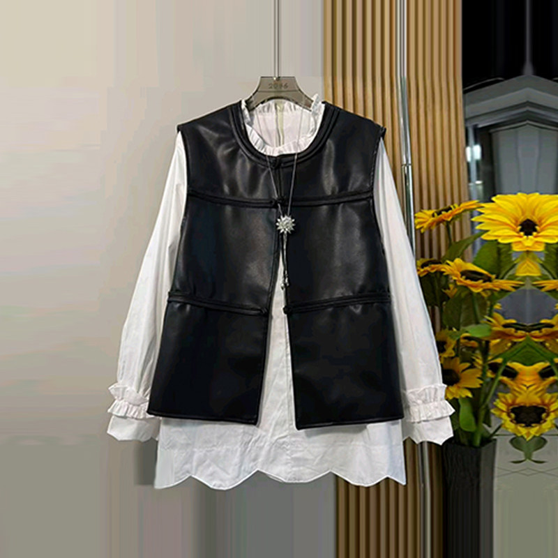 大码女装欧洲站圆领皮马甲胖妹妹设计感减龄学院风荷叶领长袖衬衫