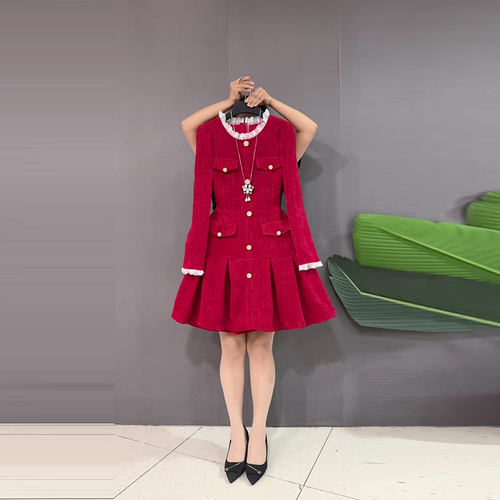 裙子拼色领长袖收腰小香风连衣裙