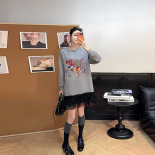 加肥女彩色马图案长袖连衣裙胖妹妹韩版减龄学院风显瘦休闲卫衣裙