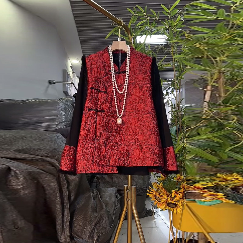 加肥女拼色袖口小衫胖妹妹气质显瘦设计感复古风斜襟花纹盘扣马甲,女装/女士精品,大码内搭,淘宝优惠券,粉丝福利购,淘宝优惠卷