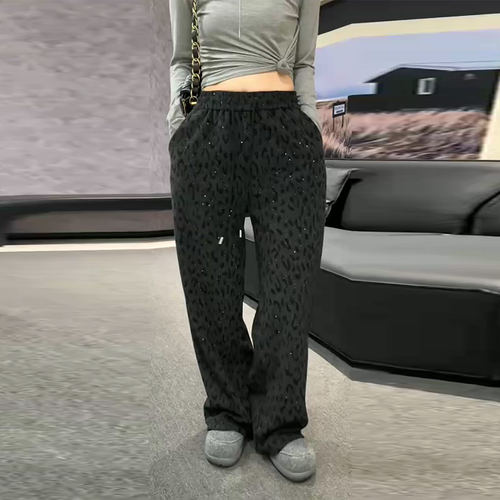 大码女装松紧腰亮钻豹纹长裤