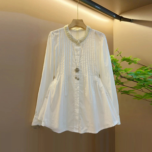 轻熟风显瘦百搭小衫 加大码 上衣胖妹妹韩版 钉珠立领压褶肩长袖 女装