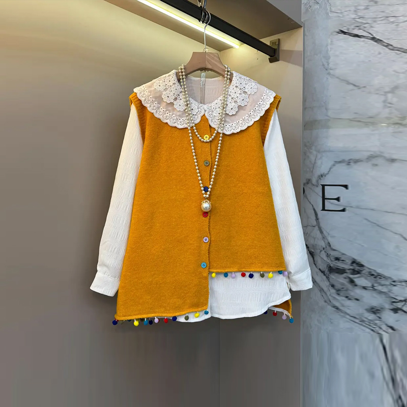 针织马甲娃娃领长袖衬衫