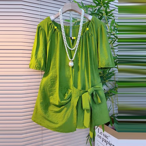 加肥圆领侧系带短袖上衣