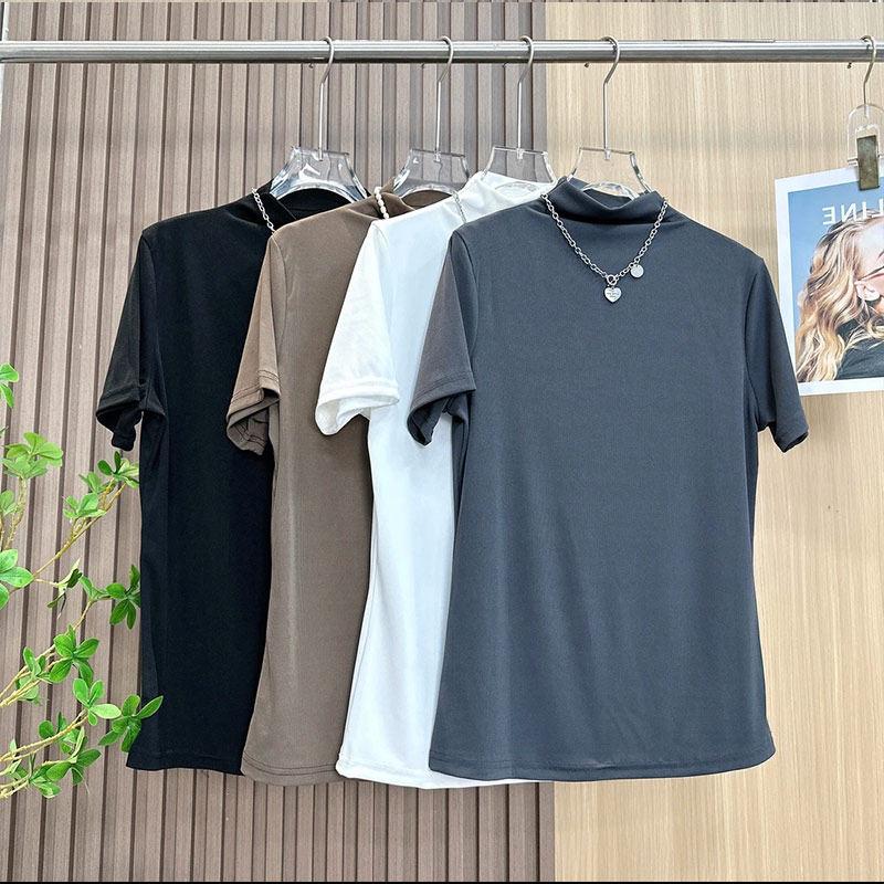 플러스 사이즈 플러스 사이즈 여성 캐주얼 다용도 심플 탑 뚱뚱한 소녀들이 배를 덮을 수 있는 하프 터틀넥 솔리드 컬러 반팔 바닥 셔츠