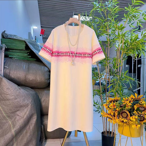 大码女装拼色亮钻字母T恤裙