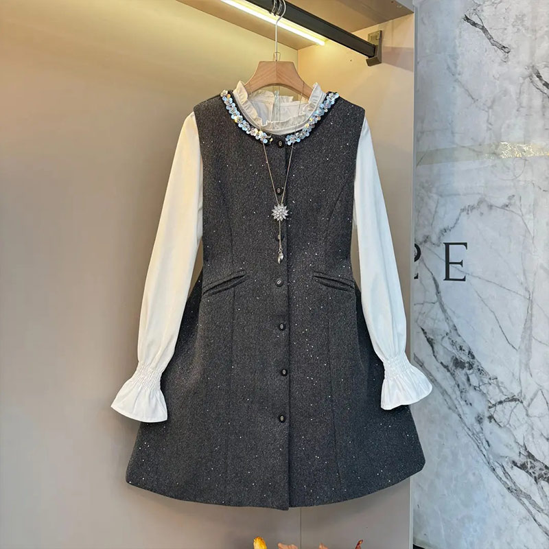 微喇袖口荷叶领衬衫亮片领马甲裙