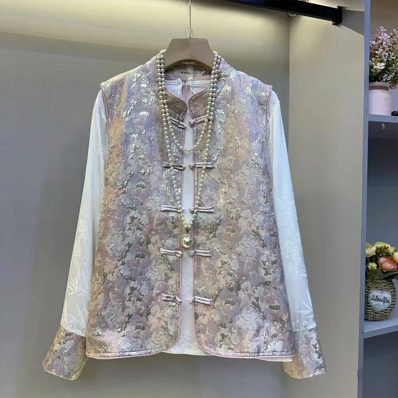 大码女装盘扣花纹马甲上衣两件套