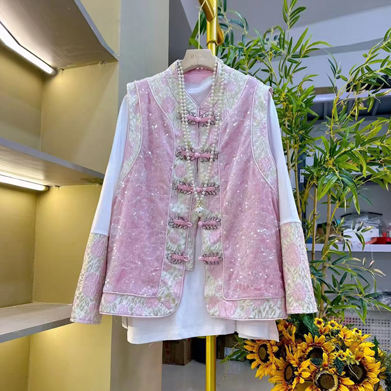 立领亮钻盘扣马甲拼色袖口小衫