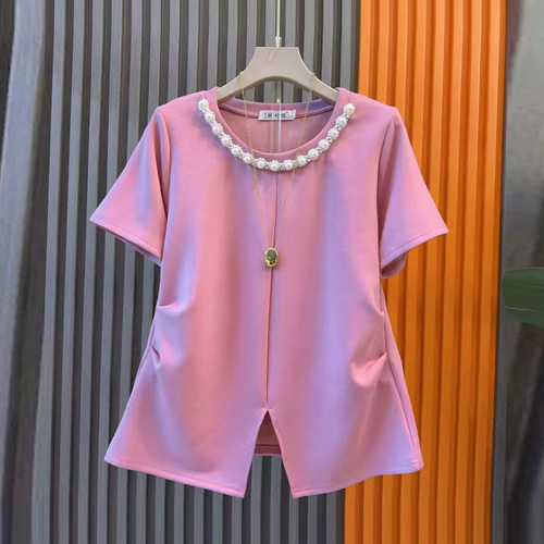 钉珠领前开叉侧压褶小衫