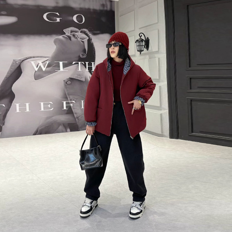 拼色格子连帽长袖棉服