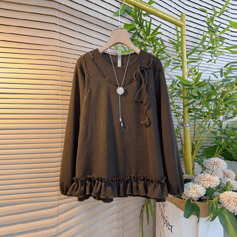 胖妹妹荷叶边底摆长袖针织衫2025秋冬款加肥大码女装宽松简约上衣,女装/女士精品,大码内搭,淘宝优惠券,粉丝福利购,淘宝优惠卷