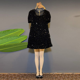 短袖 大码 2026新款 欧洲站性感中长款 裙子胖妹妹方领亮片连衣裙 女装