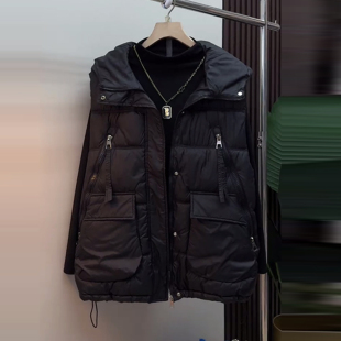 百搭简约韩版 连帽拉链兜马甲2025秋冬新款 休闲显瘦棉坎肩 女装 大码