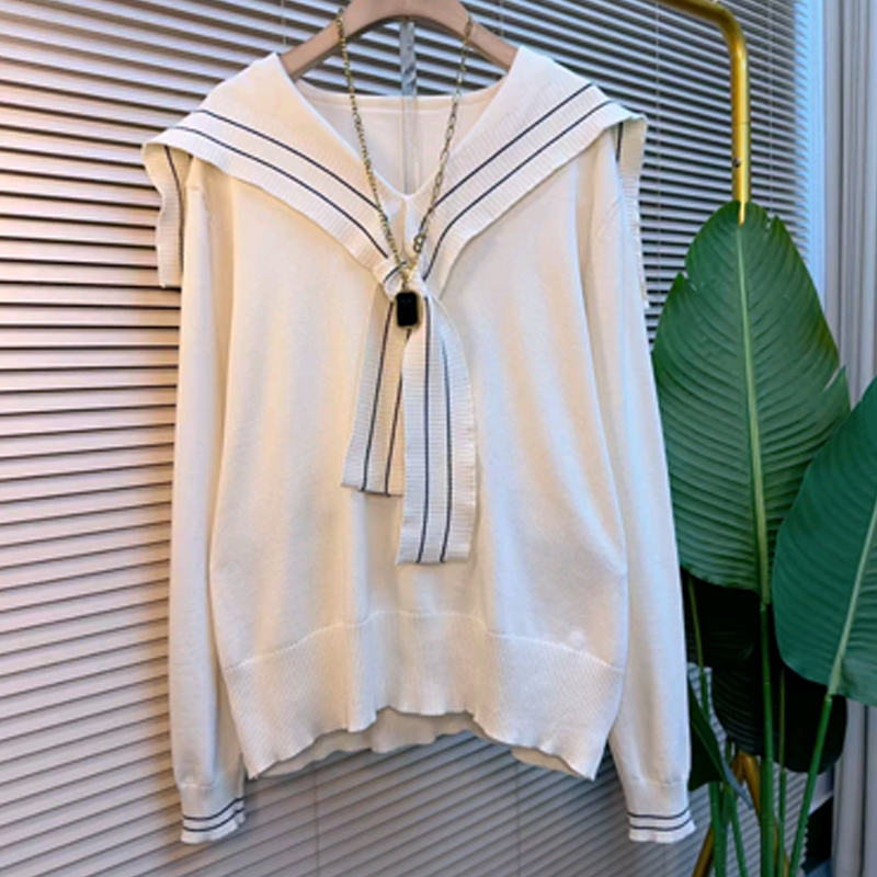 加肥海军领拼色条长袖上衣