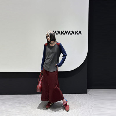 上衣圆领拼色长袖小衫