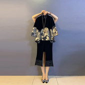 脚黑色长裤 加肥立领拼接撞色长袖 复古风上衣胖妹妹宽松遮胯盘扣裤