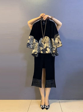 加肥立领拼接撞色长袖复古风上衣胖妹妹宽松遮胯盘扣裤脚黑色长裤