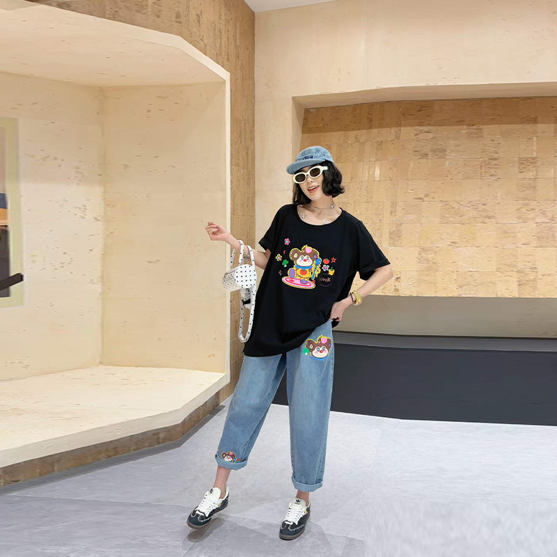 加大码女装卡通图案短袖上衣胖妹妹宽松遮胯学院风松紧腰牛仔裤子