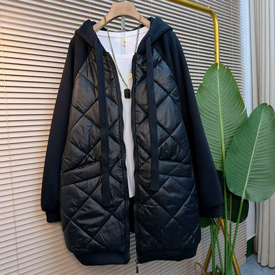 加肥连帽长袖拼接底摆棉服