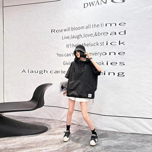 大码女装连帽大兜短袖上衣小衫