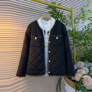 黑色开衫 圆领钉珠边菱形格夹棉外套胖妹妹秋冬款 轻薄棉服 女装 大码