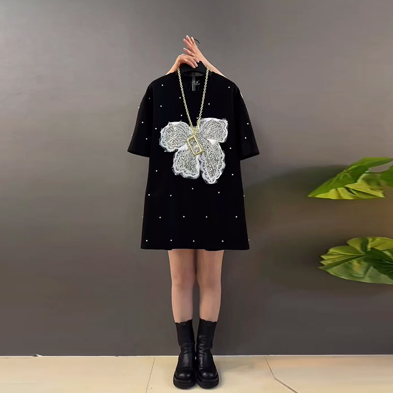 加肥女亮片钉珠蝴蝶结圆领上衣欧洲站宽松遮肚子胖妹妹减龄T恤衫,女装/女士精品,大码内搭,淘宝优惠券,粉丝福利购,淘宝优惠卷