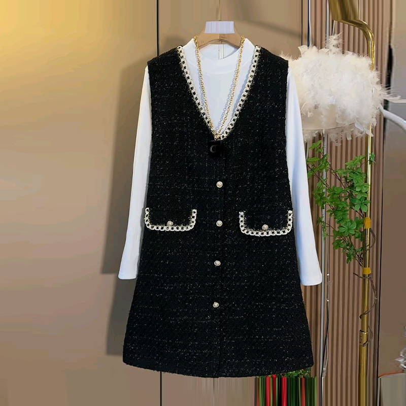 立领长袖小衫V领拼色边马甲裙