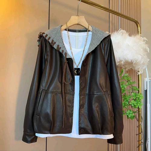 大码女装拼色连帽长袖皮外套